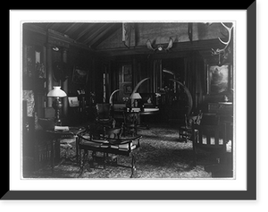 Historic Framed Print, [Interior of Sagamore Hill with elephant tusks, antlers and bison head],  17-7/8" x 21-7/8"