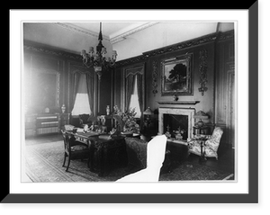 Interior view of Mrs. Hamilton Rice home in Newport, Rhode Island, with desk and fireplace, Antique Poster