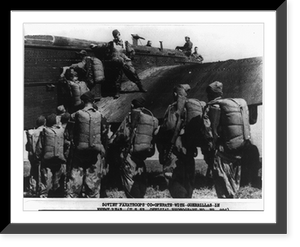 Group of Soviet parachutists boarding a plane during the drilling practice, World War II, Vintage Print
