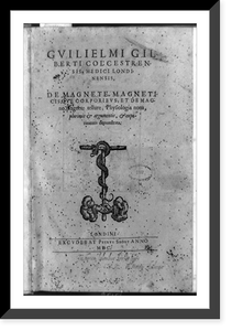 Title page of De magnete, with serpent wound about wooden T staff clasped by two hands, Historic Print