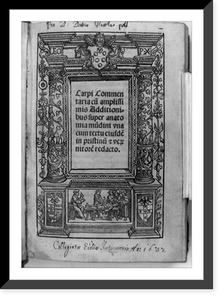 Architectural title page of Commentaria. super anatomia mudini bordered in columns with scene of seated teacher lecturing as assistant dissects cadaver, Antique Print