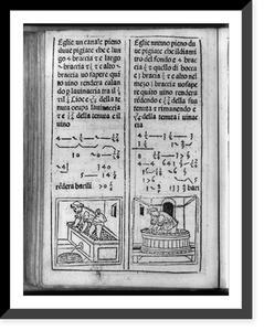Illustrated arithmetic problem showing man stamping on fruit in rectangular tub and man standing in round tub, with mathematical equations and surrounding text, Historic Print