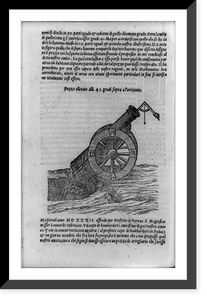 Illustration of ballistics showing cannon with Tartaglia's gun quadrant to measure its angle of elevation; and surrounding text, Vintage Print