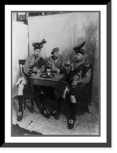 Two men wearing kilts and man smoking cigar, seated at small table drinking Sandy MacDonald scotch, Vintage Poster