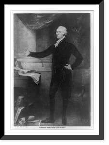 Alexander Hamilton, full-length portrait, standing, facing left, left hand on hip, right arm extended outward, books and papers beside him, Historic Reproduction
