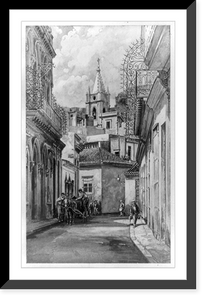 Historic Framed Print, [Street scene in old Havana, Cuba, with steeple of church in background],  17-7/8" x 21-7/8"