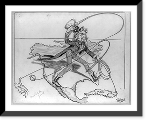 Uncle Sam standing on a map of the United States, reeling in his fishing lines which have hooked Hawaii, the Philippines, Cuba and Puerto Rico, Antique Wall Art