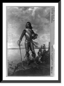 Samuel de Champlain, full-length portrait, standing, facing left, overlooking lake, in armor, holding sword and helmet, Historic Reproduction