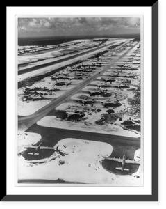 Aerial view of a B-29 base on Guam, with the giant planes parked in their stands between raids, Historic Reproduction