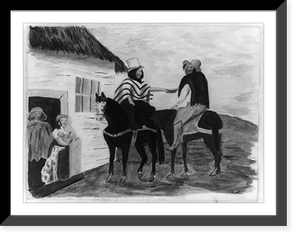 Two people on horseback, possibly Colombian, in front of house with family and dog in doorway Classic, Vintage Print