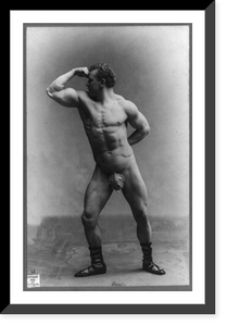 Historic Framed Print, [Eugen Sandow, full-length portrait, standing, left profile, wearing fig leaf and flexing muscle with fist raised to forehead],  17-7/8" x 21-7/8"