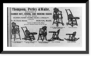 Advertisement for Thomson, Perley & Waite, manufacturers of chamber suite, dining and rocking chairs, with 7 illustrations of folding table-carriage combitations, Antique Print