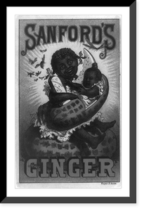 Trade card advertising Sanford's Ginger showing Black girl seated on watermelon and holding bottle of ginger and baby in watermelon crib, Vintage Poster