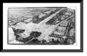 Architectural rendering of plan for beautification of Capitol Plaza and Mall area; birds-eye view from rt of Capitol toward west Classic, Historic Reproduction