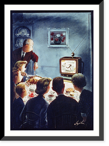 Family at Thanksgiving dinner with father carving turkey; all are intently watching football on television.Alajolov. - 2 Classic, Antique Wall Art