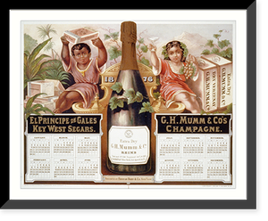 Historic Framed Print, [1876 calendar for El Principe de Gales Key West Segars and G.H. Mumm & Co.'s Champagne, showing boy holding box of cigars and girl holding grapes and champagne glass] - 2,  17-7/8" x 21-7/8"