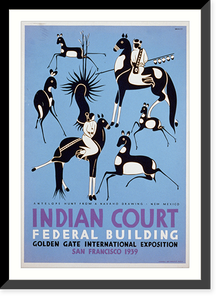 Indian court, Federal Building, Golden Gate International Exposition, San Francisco, 1939 Antelope hunt from a Navaho drawing, New Mexico.Siegriest, Vintage Poster