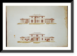 Houses and a church (Buildings Erected or Proposed to be Built in Virginia"). Front and rear elevations" - 2, Antique Print