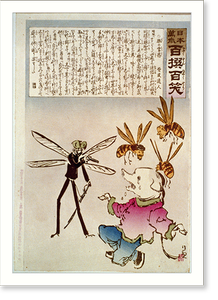 Vintage Military Print - Japanese cartoon showing winged insects, 1894