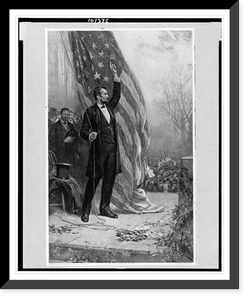 Abraham Lincoln, standing, full-length, facing right, holding rope of flag(?), arm upraised Classic, Historic Print