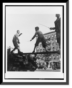 Four boys, three of them on beam of ruins(?) of building, playing with toy swords, Harlem, New York, Vintage Wall Art
