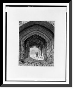 Three people walking under gateway and vaulted ceilings in the Tower of London Classic, Vintage Print