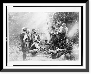 Antique Military - Boy Scouts cooking over open fire at Camp Ranachqua