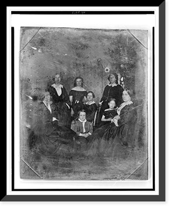 Unidentified group of six women and a boy and girl, three women and the boy are seated in chairs, Vintage Poster