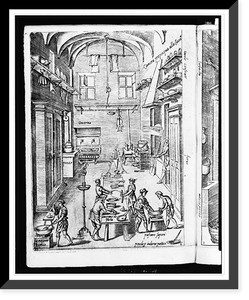 Interior view of large, spacious kitchen with cooks preparing a meal, Historic Reproduction