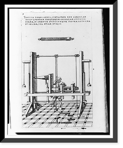 A man operating a lathe with fixed cutting tool driven by the action of weights; here the machine is cutting screw threads in wood Classic, Vintage Print