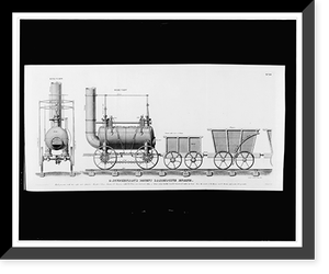 Rear and side view of George Stephenson's steam locomotive and railroad cars of the Stockton and Darlington Railway, Vintage Print