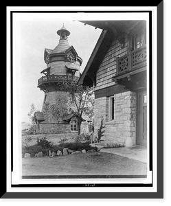 Windmill-shaped clock tower at left, and part of garage of Edmund Cogswell Converse at right, Greenwich, Connecticut, Vintage Print