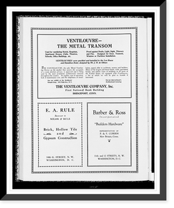 Advertisements for The Ventilouvre Company, Inc., E. A. Rule, construction, and Barber & Ross, builders hardware, Vintage Print