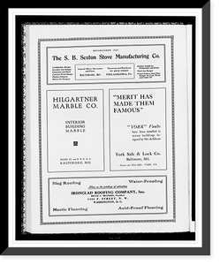 Advertisements for S. B. Sexton Stove Manufacturing Co., Hilgartner Marble Co., York Safe & Lock Co., and Ironclad Roofing Company, Antique Print