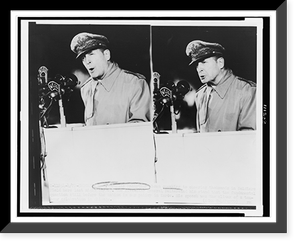 Douglas MacArthur, half-length portrait, speaking on the nation's policy toward Korea, at Soldiers Field, Chicago, Antique Print