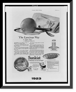 Advertisement for Sunkist oranges, showing oranges and glass of orange juice, Vintage Poster