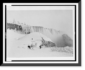 Partly frozen falls, Niagara Falls, New York, with two photographers in front of frozen mass, Antique Wall Art