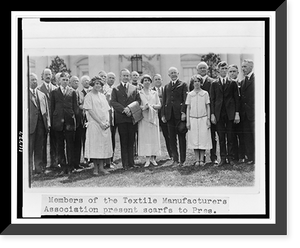 Historic Framed Print, Members of the Textile Manufacturers Association present scarfs to Pres. and Mrs. Coolidge,  17-7/8" x 21-7/8"