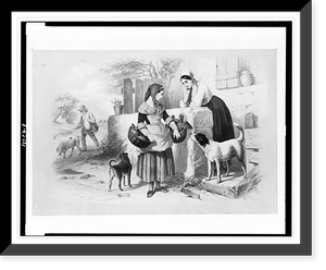 Woman, with chickens and ducks in baskets, facing another woman at wall of building, two dogs, and man walking with a pig, Antique Print