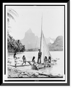 Tahitian man, women, and sailboat, Vintage Print