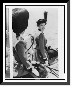 Elizabeth II, Queen of Great Britain, on horseback, smiling at her daughter, over Prince Philip's shoulder, during trooping the colors ceremony in London, Vintage Print