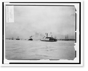 Antique Scenic Print - Coal barges in tow on the Delaware River.Louis