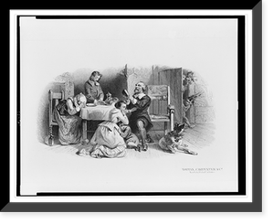 Bank note illustration showing colonists praying for deliverance from imminent Indian attack, Antique Poster