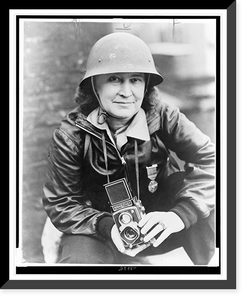 Therese Bonney, American journalist and photographer, in Finland, wearing the medal of the White Rose of Finland and Finnish tin hat Classic, Historic Print