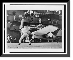 A Grumman Hellcat (F6F), a Navy fighting plane, standing ready for take-off signal aboard aircraft carrier, Vintage Poster