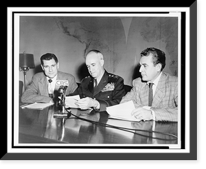 Historic Framed Print, [Group of men, left to right: Eric Sevareid, Omar Nelson Bradley, and an unidentified man seated at table, with CBS microphone],  17-7/8" x 21-7/8"