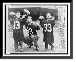 Sammy Baugh crouched with sons Todd and Davey, each holding football and wearing football jersey, Vintage Wall Art