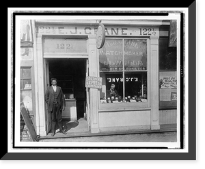 E.J. Crane, watchmaker and jewelry store with man working in window and man standing in doorway, Richmond, Virginia, Vintage Poster