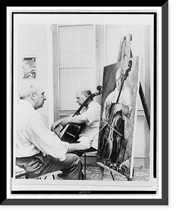 Pablo Casals, seated, playing cello while being painted by Luis Quintanilla Classic, Historic Reproduction