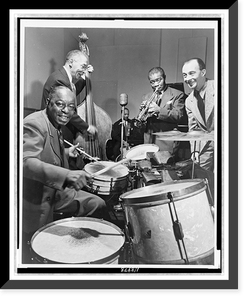 Historic Framed Print, [Louis Armstrong on trumpet, Warren Dodds on drums and George Foster on the double bass during broadcast of This is Jazz" radio show,  directed by Rudi Blesh (far right)]",  17-7/8" x 21-7/8"